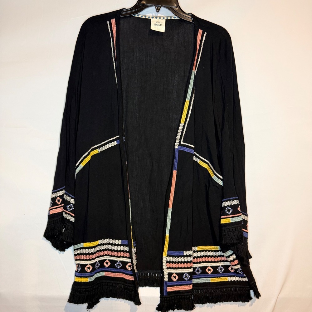 Knox Rose Black Embroidered Fringe Kimono Cardigan Bohemian Open Front Top